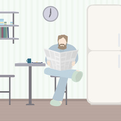 A man reads the news at a wholesome breakfast..A man reads the news in a newspaper in the kitchen during breakfast, background.