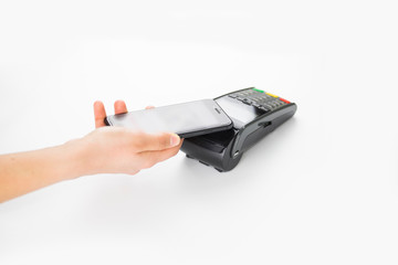 mobile pay  POS device and smart phone in a hand isolated on white background.