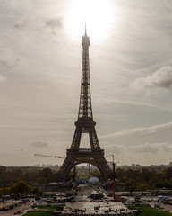 Eiffel Tower in Paris, France, backlit in silhouette style