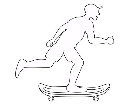 Stock vector illustration. Coloring. Silhouette of a man on a skateboard, painted in white, circled in black, isolated on a white background