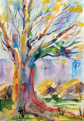 Spring abstract summer landscape with a big tree, a lake and spring foliage. Watercolor sketch.