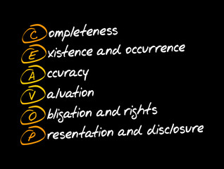 Assertions CEAVOP - completeness existence and occurrence accuracy valuation obligation and rights presentation and disclosure, acronym concept