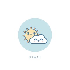 Cute kawaii Cloud and Sun. Outline round weather Icon. Japanese cartoon manga style. Funny anime character. Trendy vector illustration. Pre-made card or print. Isolated on white