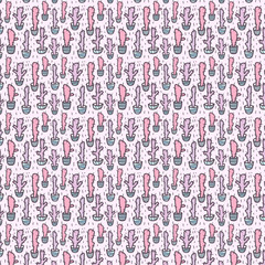 
background of pink color. Seamless pattern with multi-colored cacti drawn by one line. Suitable for textiles.
