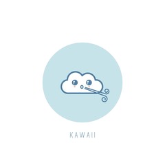 Cute kawaii Cloud. Wind blowing. Outline round weather Icon. Japanese cartoon manga style. Funny anime character. Trendy vector illustration. Pre-made card or print. Isolated on white