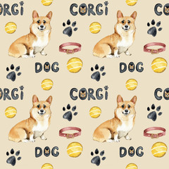 Welsh Corgi Pembroke, watercolor, dog, animal, pattern, Design for printing postcards, invitations, fabrics, bedding, baby clothes