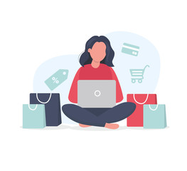 Woman with laptop sitting surrounded with paper bags. Stay at home and buy things via internet. Online shop concept.  Flat illustration in flat style.