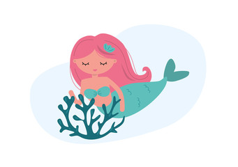 Cute mermaid character with coral reef. For children books and cards. Flat vector illustration.