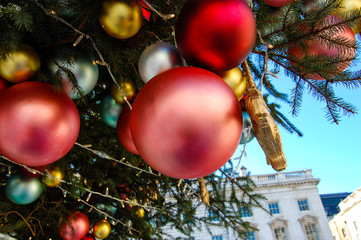 Close up of a decorated christmas tree and its decorations