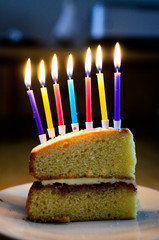 Birthday cake slice with candles lit