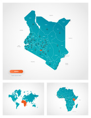 Editable template of map of Kenya with marks. Kenya on world map and on Africa map.