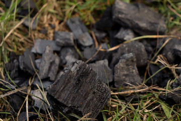 Coal on the grass. Remains after the fire. Black coal