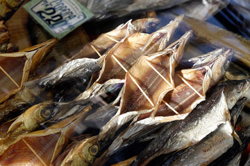 Baikal fish hot smoked and dried on the street market. Listvyanka, Siberia, Russia