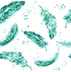 Fototapete Aquarellfedern Nahtloses Muster von Türkisfedern auf weißem Hintergrund.