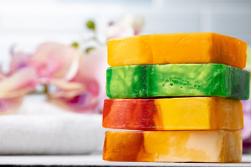 Handmade, natural organic soap on the table. Spa products.Close up