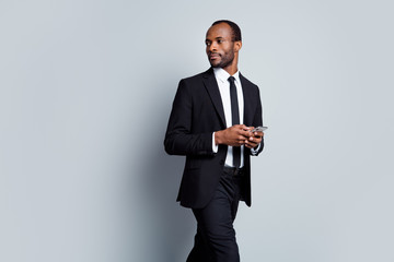 Portrait of confident smart afro american agent company representative wait business partner use...