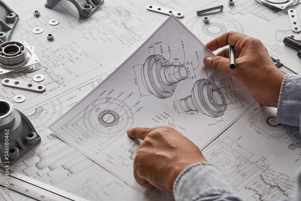 Poster engineer technician designing drawings mechanical parts engineering engine.manufacturing factory ind
