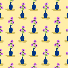 Purple anemone flower in blue vase. Floral seamless pattern. Flat design,. Botanical illustration.