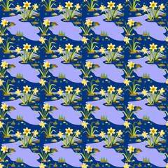 Seamless pattern with blooming daffodils. Narcissus flowers on blue background. Flat design. Botanical illustration. 