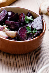 Healthy vegetarian meal, fresh Greek yoghurt with herbs, baked beetroot