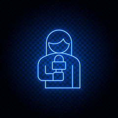 journalist, woman blue neon vector icon .Transparent background. Blue neon vector icon