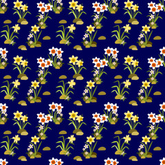 Seamless floral pattern with Daffodils. Narcissus flowers bloom on blue background. Flat design. Botanical illustration. 