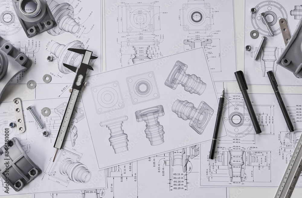 Poster engineer technician designing drawings mechanical parts engineering engine.manufacturing factory ind