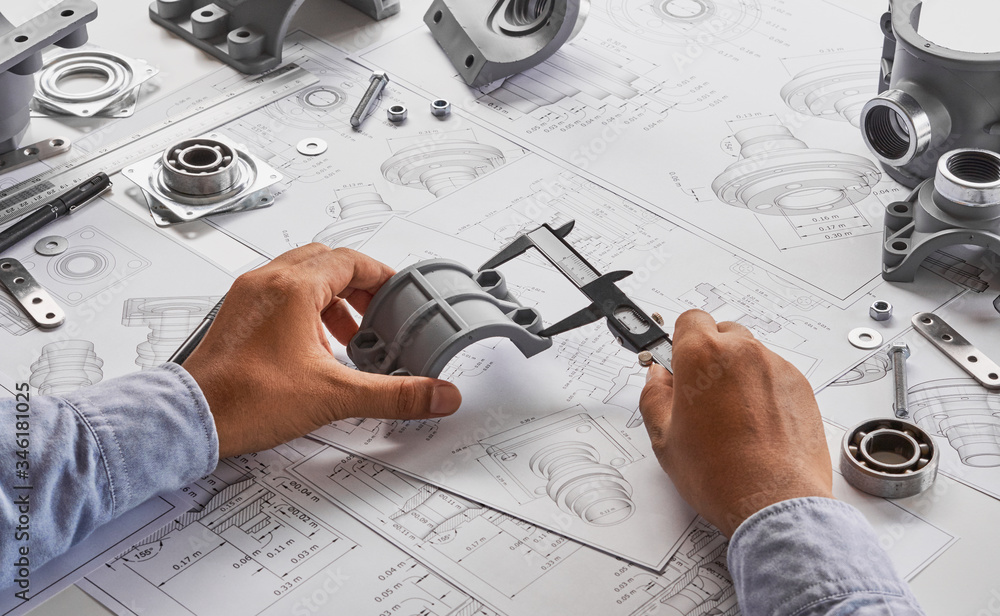 Poster engineer technician designing drawings mechanical parts engineering engine.manufacturing factory ind