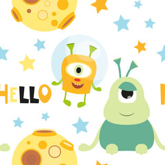 Funny Space Monsters Seamless pattern - Cartoon Cute Aliens and Planets. Space background. Vector Illustration. Print for Wallpaper, Baby Clothes, Greeting Card, Wrapping Paper. Text Hello.