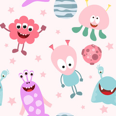 Grappige Space Monsters naadloze patroon - Cartoon Cute Aliens en planeten. Ruimte achtergrond. Vectorillustratie. Afdrukken voor behang, babykleding, wenskaart, inpakpapier.