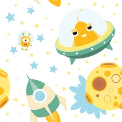Printed kitchen splashbacks Monsters Funny Space Monsters Seamless pattern - Cartoon Cute Aliens, UFO and Planets. Space background. Vector Illustration. Print for Wallpaper, Baby Clothes, Greeting Card, Wrapping Paper.