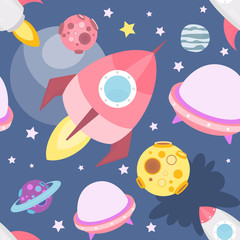 Space Seamless pattern - Cartoon Planets and Rockets. Space background. Vector Illustration. Print for Wallpaper, Baby Clothes, Greeting Card, Wrapping Paper.