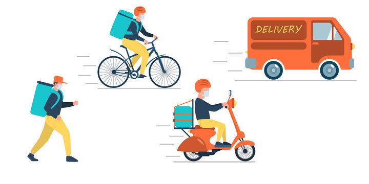 Poster concept for home delivery. Restaurant or supermarket delivering food at doorstep in quarantine. Sitting home and Order online food at anytime.Man with mask delivering food on scooter, bicycle