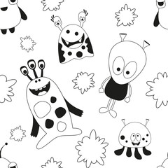 Seamless pattern - Cartoon Funny Monsters. Black and White Wall Art background. Monochrome Vector Illustration. BW Print for Wallpaper, Baby Clothes, Wrapping Paper.