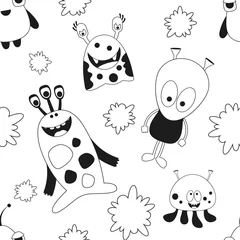 Behang Monsters Naadloze patroon - Cartoon grappige Monsters. Zwart-wit muur kunst achtergrond. Monochroom vectorillustratie. BW Print voor behang, babykleertjes, inpakpapier.