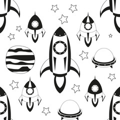Space Seamless pattern - Cartoon Rockets and UFO. Black and White Space background. Monochrome Vector Illustration. BW Print for Wallpaper, Baby Clothes, Greeting Card, Wrapping Paper.