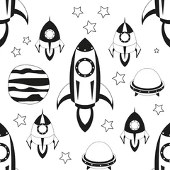 Fototapete Kosmos Nahtloses Muster des Raumes - Karikaturraketen und UFO. Schwarzweiss-Raumhintergrund. Einfarbige Vektor-Illustration. BW Print für Tapeten, Babykleidung, Grußkarten, Geschenkpapier.