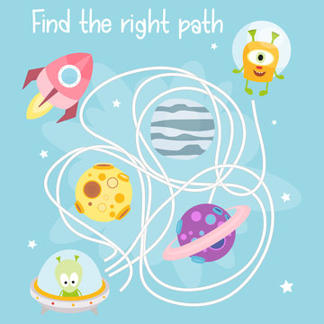Space Labyrinth. Help Funny Space Monsters Find the Right Path. Games for Preschool, Kindergarten, School. Vector Illustration. Maze Game.