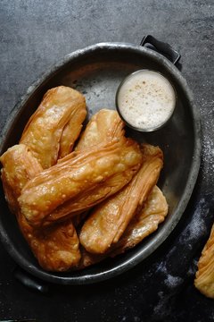 Homemade Indian sweet khaja /chirote or Madakku san, selective focus