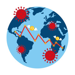 planet earth with covid19 particles and statistics arrows vector illustration design