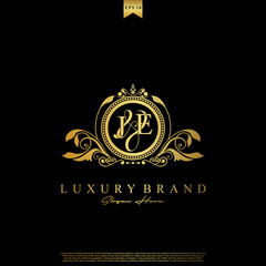 J & E JE logo initial Luxury ornament emblem. Initial luxury art vector mark logo, gold color on black background.