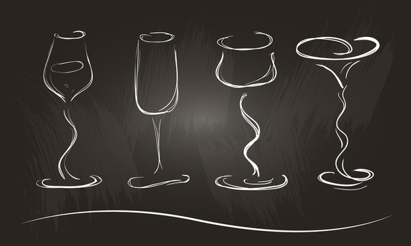Set of figured wineglasses in a sketch style. Hand-drawn beverages, stylized. Isolated on a chalkboard.