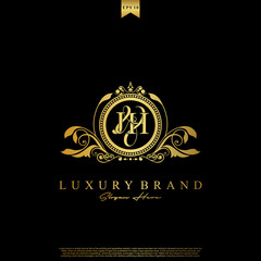J & H JH logo initial Luxury ornament emblem. Initial luxury art vector mark logo, gold color on black background.