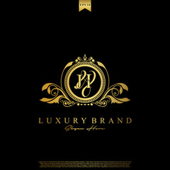 J & I JI logo initial Luxury ornament emblem. Initial luxury art vector mark logo, gold color on black background.