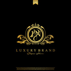 J & N JN logo initial Luxury ornament emblem. Initial luxury art vector mark logo, gold color on black background.