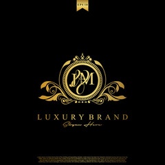 J & M JM logo initial Luxury ornament emblem. Initial luxury art vector mark logo, gold color on black background.