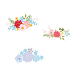 Vector Illustration: Floral Bouquets Of Summer Plants And Flowers. Red, blue, pink flowers and green leaf branches