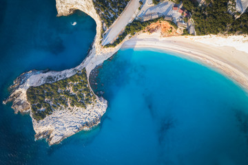 Aerial view of the famous beach of Porto Katsiki on the island of Lefkada in the Ionian Sea in Greece. Empty beach of Lefkada