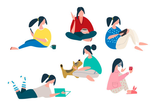Stay Home concept. Covid-19 quarantine concept. Young woman spending time at home - networking, drinking coffe, putting on makeup, playing with dog. Set of vector illustrations in flat style