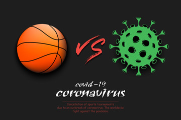 Banner basketball against coronavirus. Basketball ball vs covid-19. Cancellation of sports tournaments due to an outbreak of coronavirus. The worldwide fight against the pandemic. Vector illustration